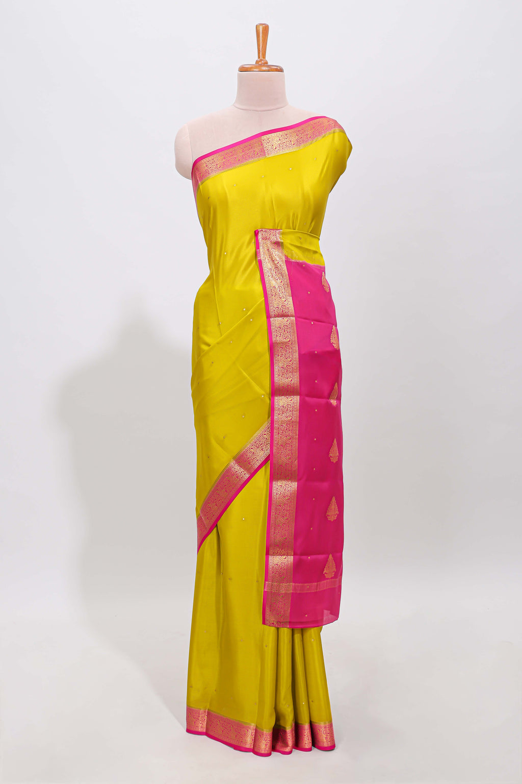 Mustard yellow polka dot designed  pure mysore silk saree with contrast border and blouse