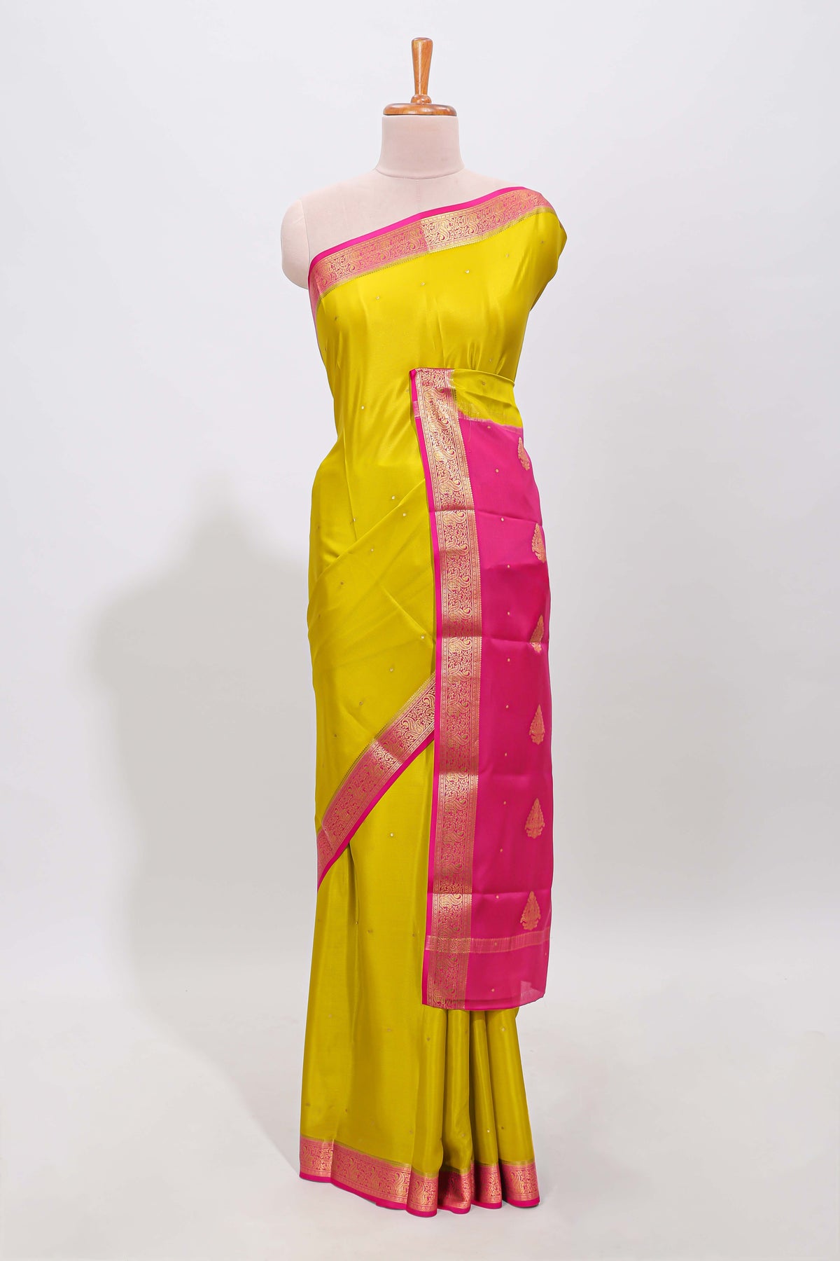 Mustard yellow polka dot designed  pure mysore silk saree with contrast border and blouse