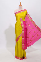 Mustard yellow polka dot designed  pure mysore silk saree with contrast border and blouse