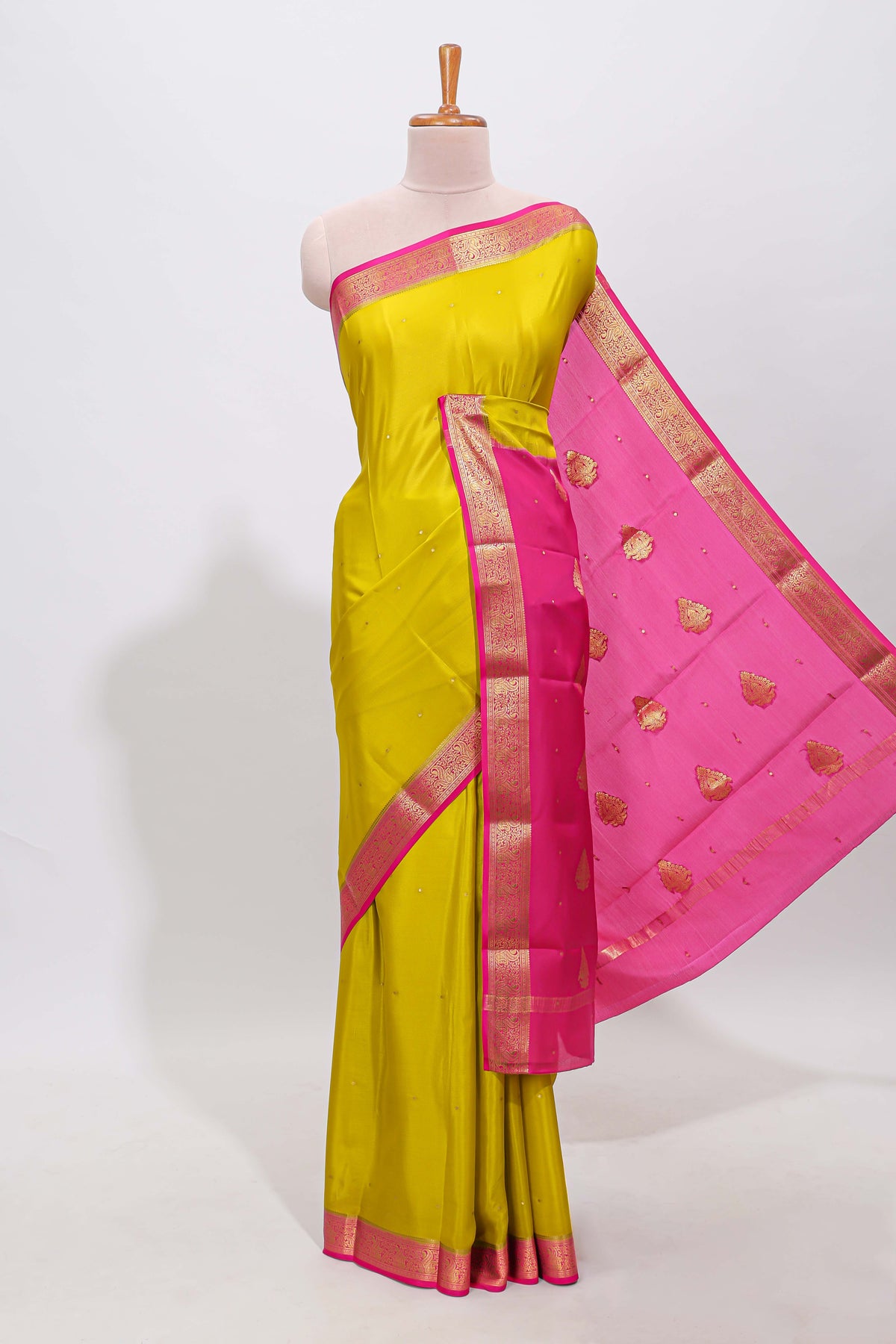 Mustard yellow polka dot designed  pure mysore silk saree with contrast border and blouse