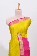 Mustard yellow polka dot designed  pure mysore silk saree with contrast border and blouse
