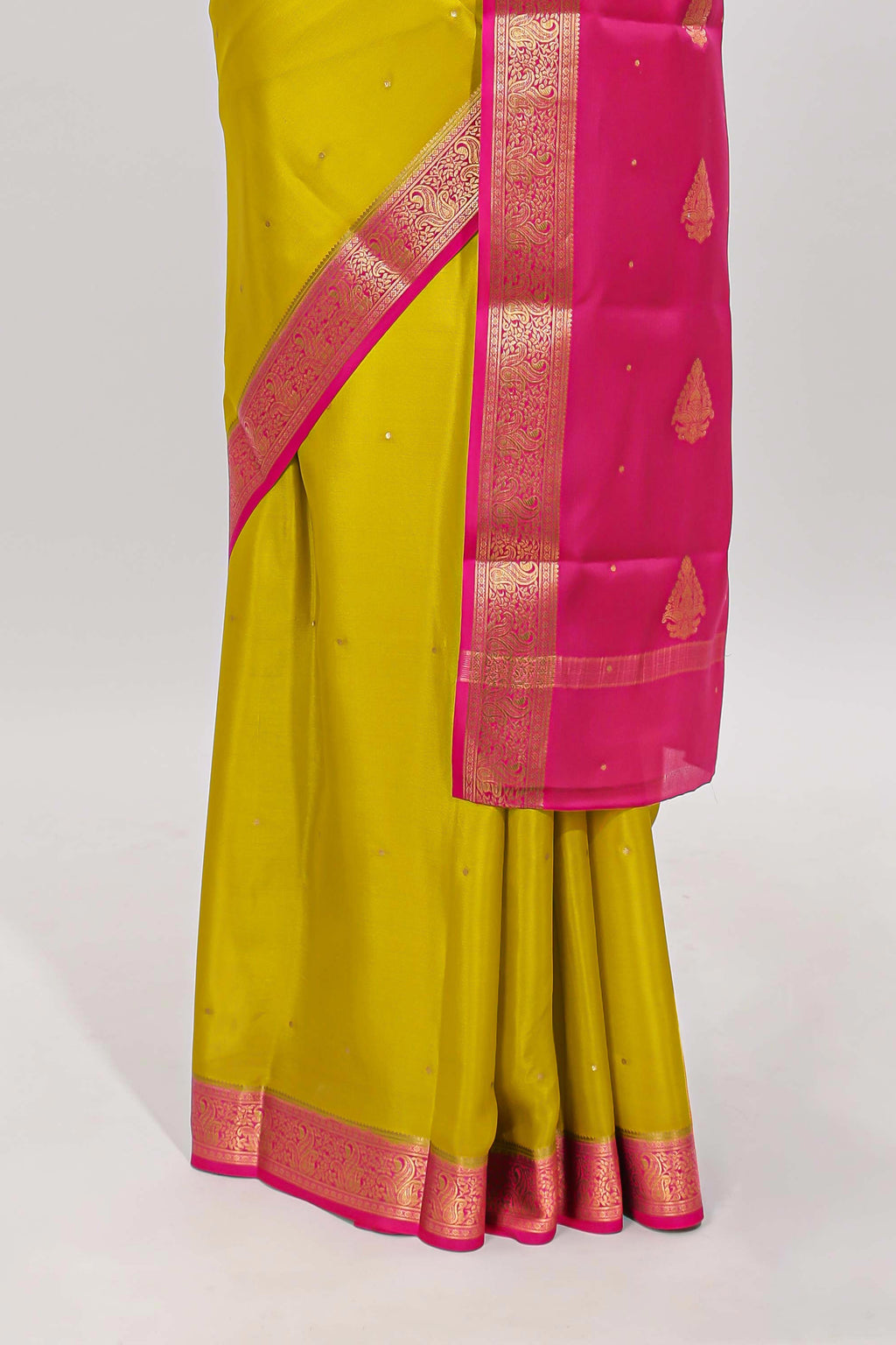 Mustard yellow polka dot designed  pure mysore silk saree with contrast border and blouse