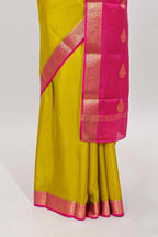 Mustard yellow polka dot designed  pure mysore silk saree with contrast border and blouse