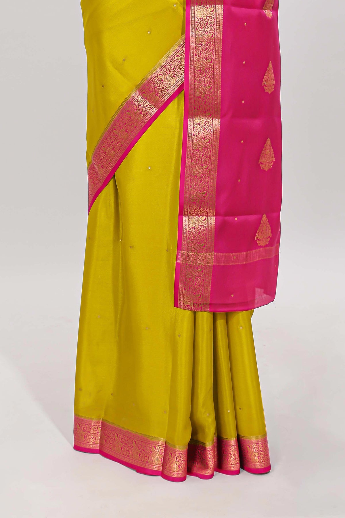 Mustard yellow polka dot designed  pure mysore silk saree with contrast border and blouse