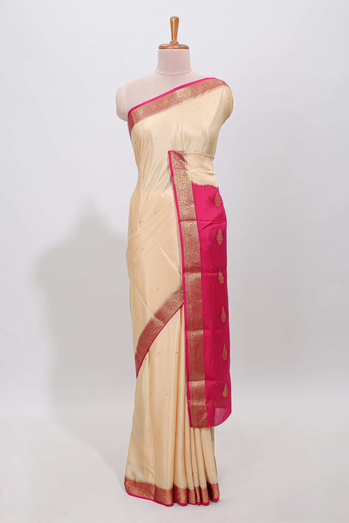 Cream polka dot designed  pure mysore silk saree with contrast border and blouse