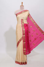 Cream polka dot designed  pure mysore silk saree with contrast border and blouse
