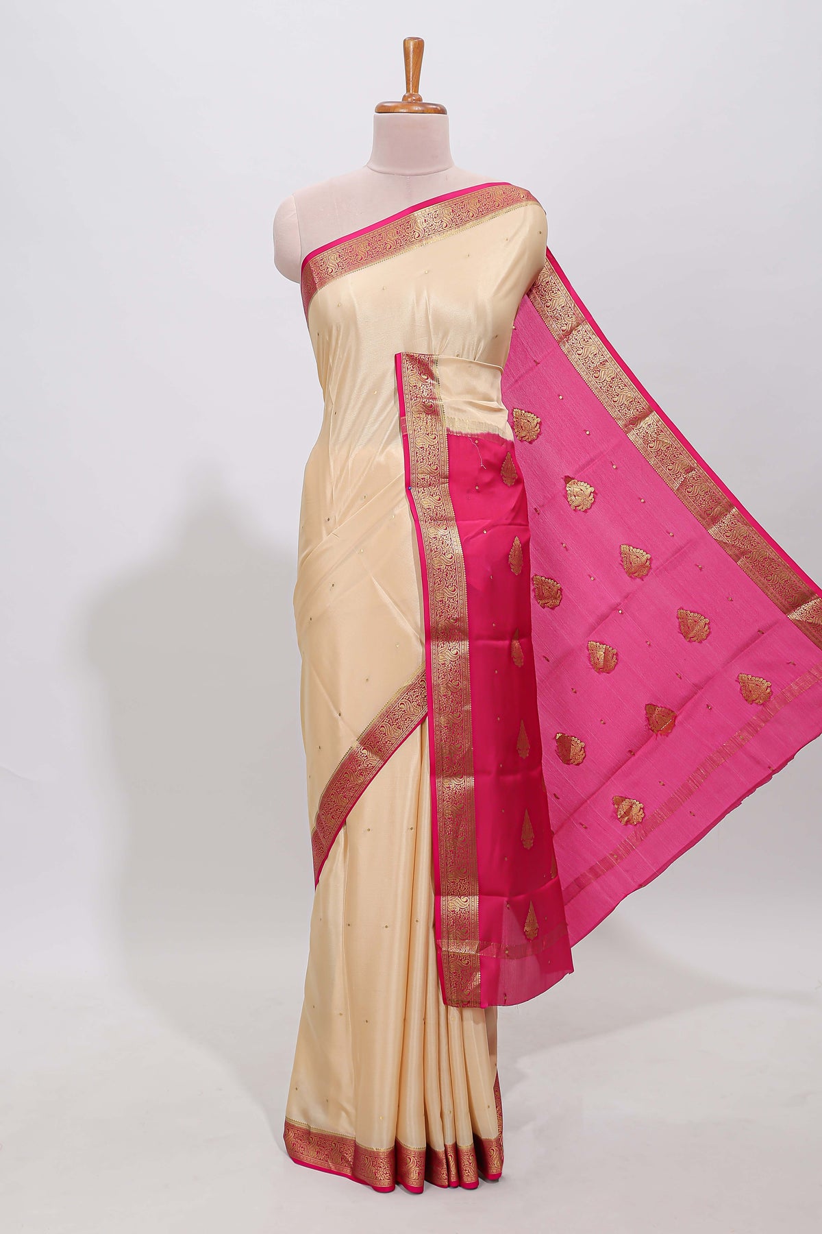 Cream polka dot designed  pure mysore silk saree with contrast border and blouse