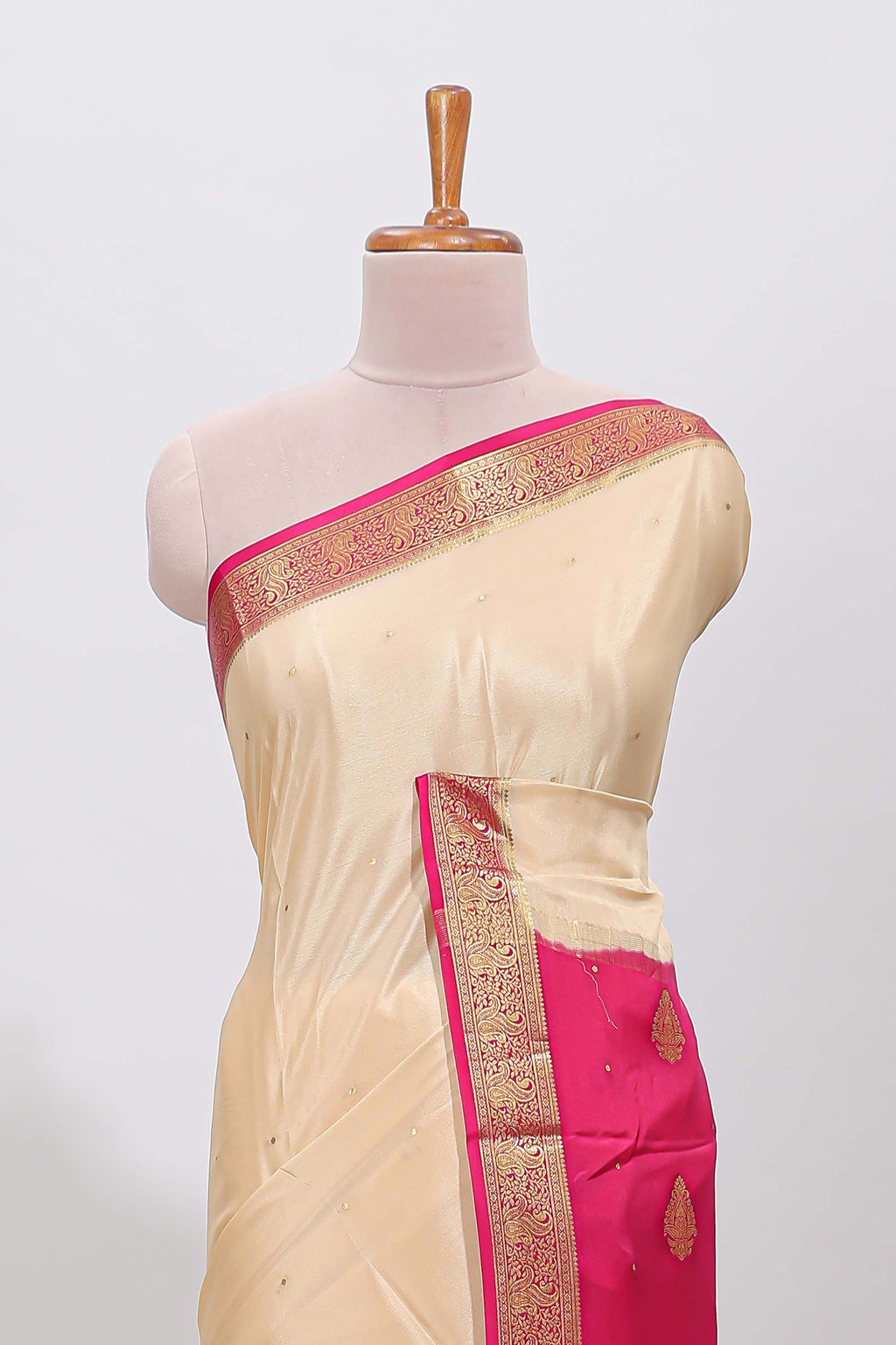 Cream polka dot designed  pure mysore silk saree with contrast border and blouse