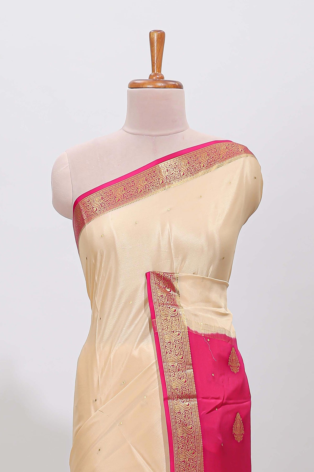 Cream polka dot designed  pure mysore silk saree with contrast border and blouse