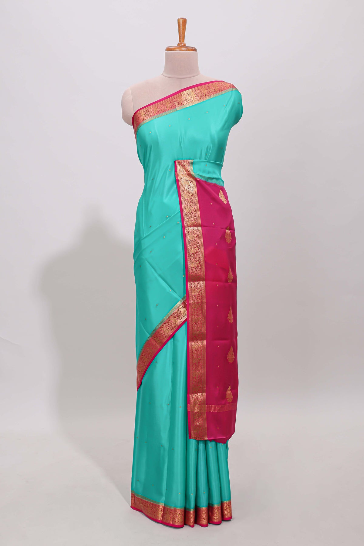 Blue polka dots pure mysore silk saree with contrast border and blouse