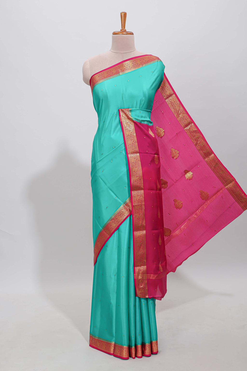 Blue polka dots pure mysore silk saree with contrast border and blouse