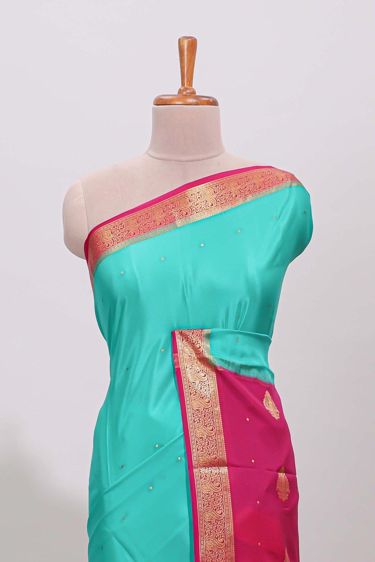 Blue polka dots pure mysore silk saree with contrast border and blouse