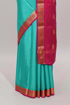 Blue polka dots pure mysore silk saree with contrast border and blouse