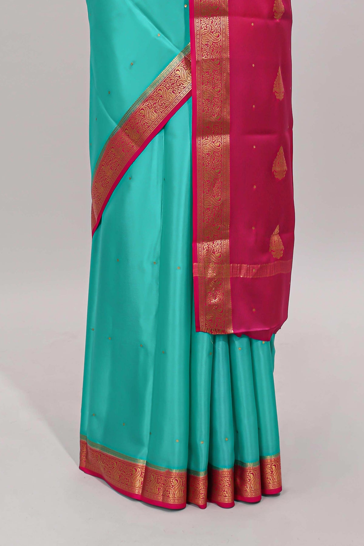 Blue polka dots pure mysore silk saree with contrast border and blouse
