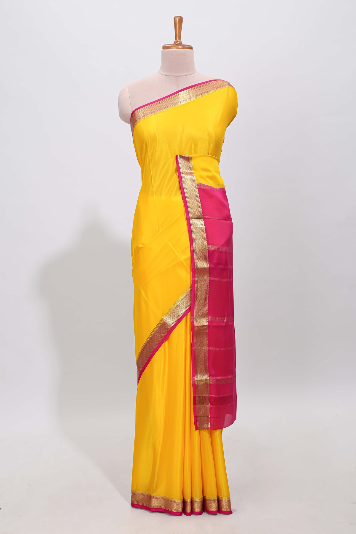 Yellow plain pure mysore silk saree with contrast border and blouse