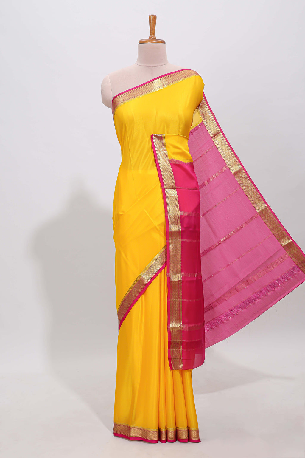 Yellow plain pure mysore silk saree with contrast border and blouse
