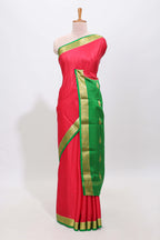 Red polka dot pure mysore silk saree with contrast border and blouse