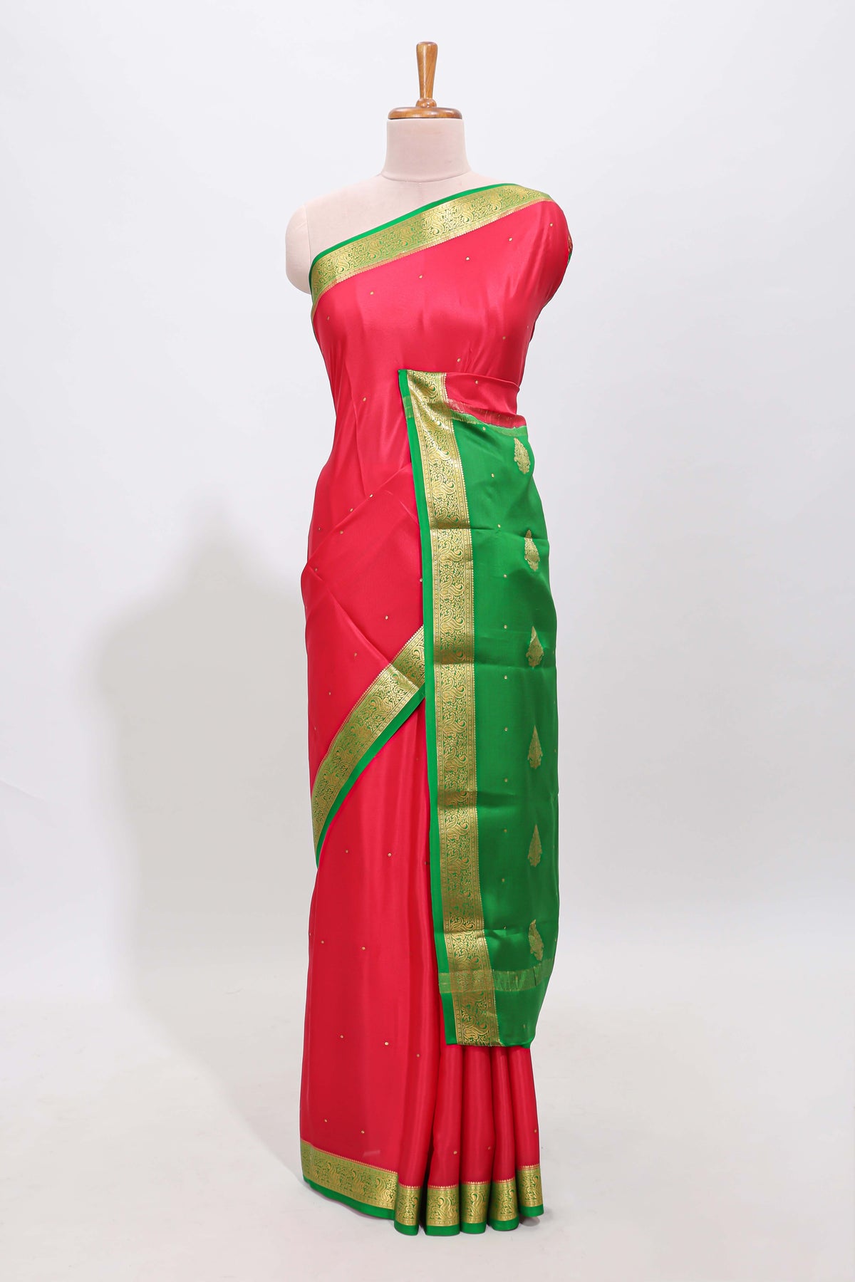 Red polka dot pure mysore silk saree with contrast border and blouse