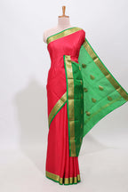 Red polka dot pure mysore silk saree with contrast border and blouse