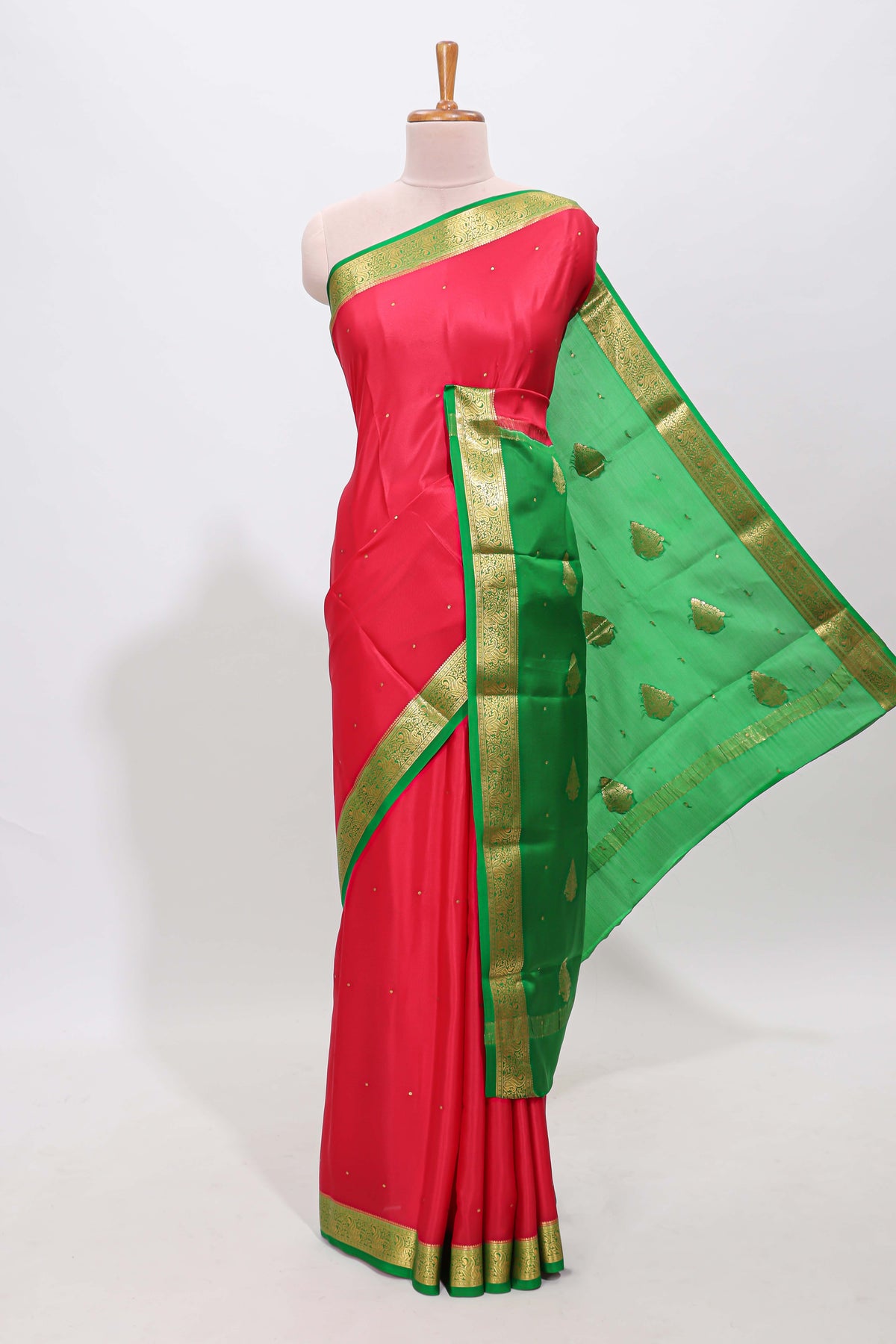 Red polka dot pure mysore silk saree with contrast border and blouse