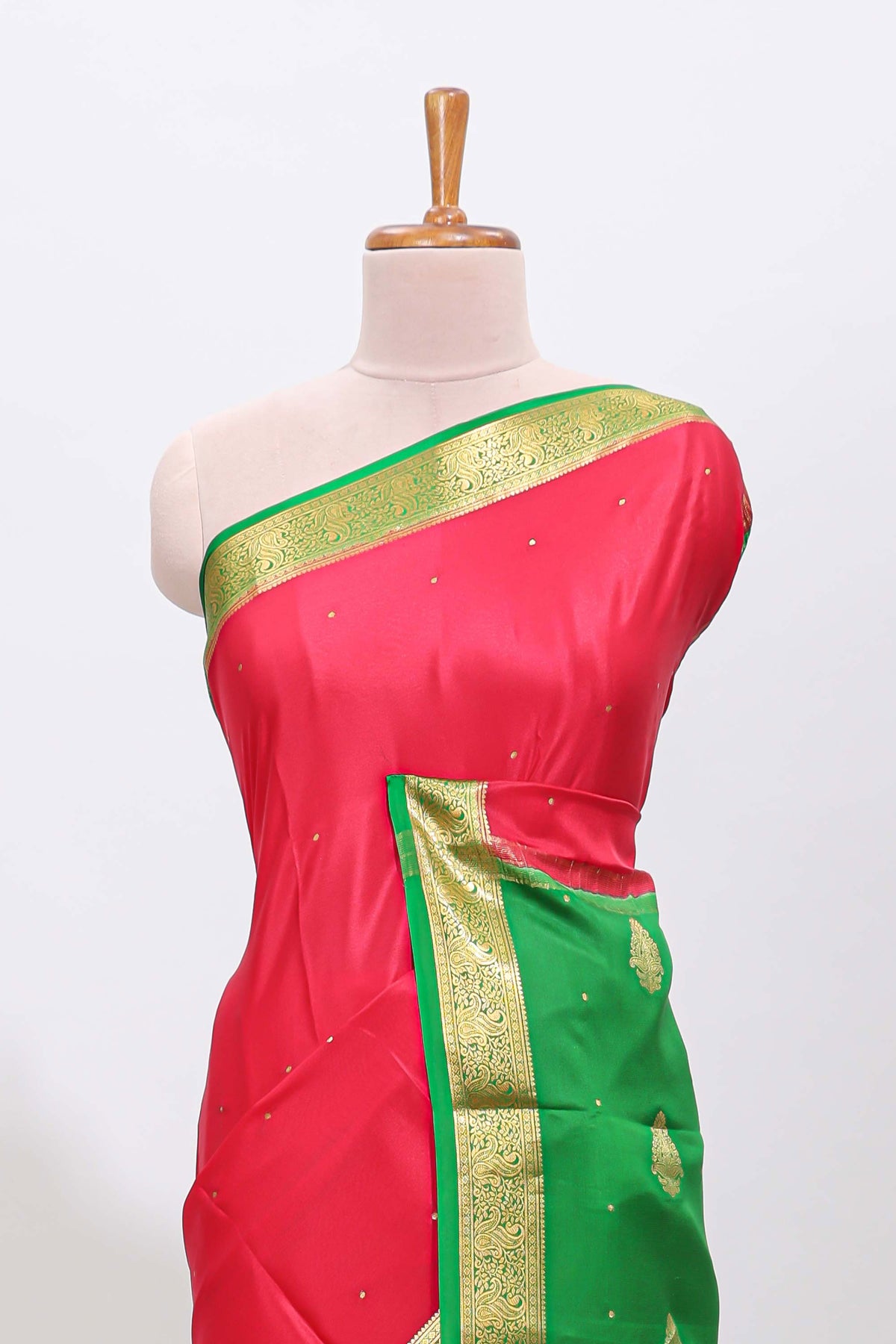 Red polka dot pure mysore silk saree with contrast border and blouse