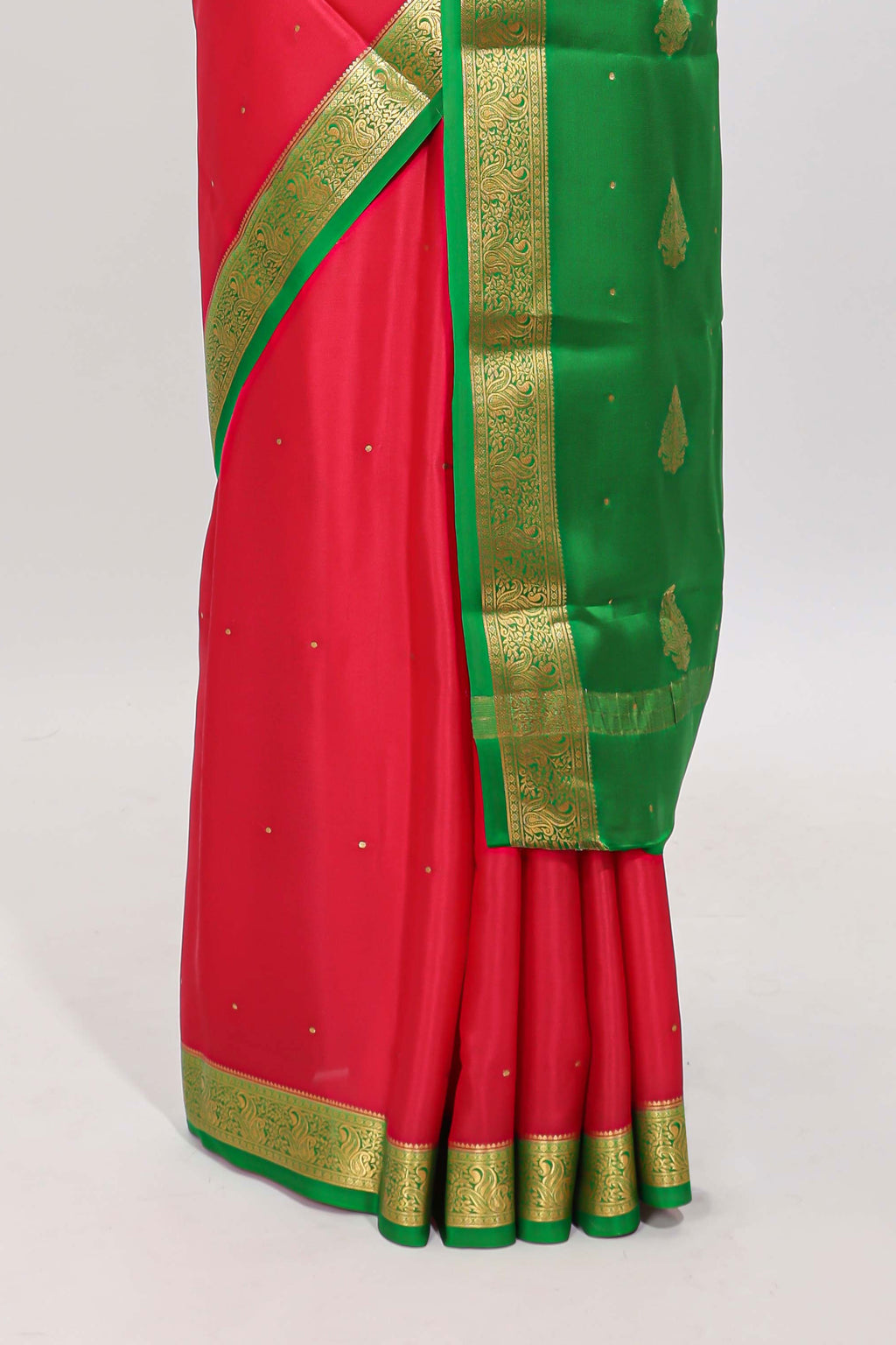 Red polka dot pure mysore silk saree with contrast border and blouse