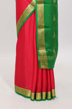 Red polka dot pure mysore silk saree with contrast border and blouse