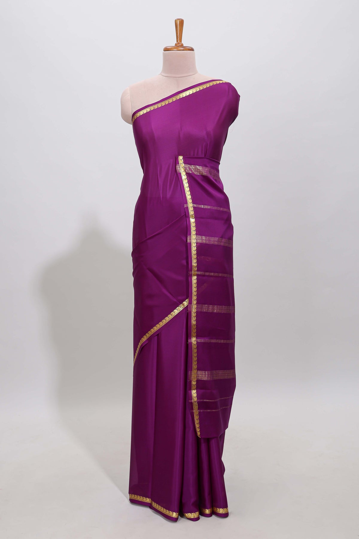 Violet plain pure mysore silk saree with self zari border and matching blouse