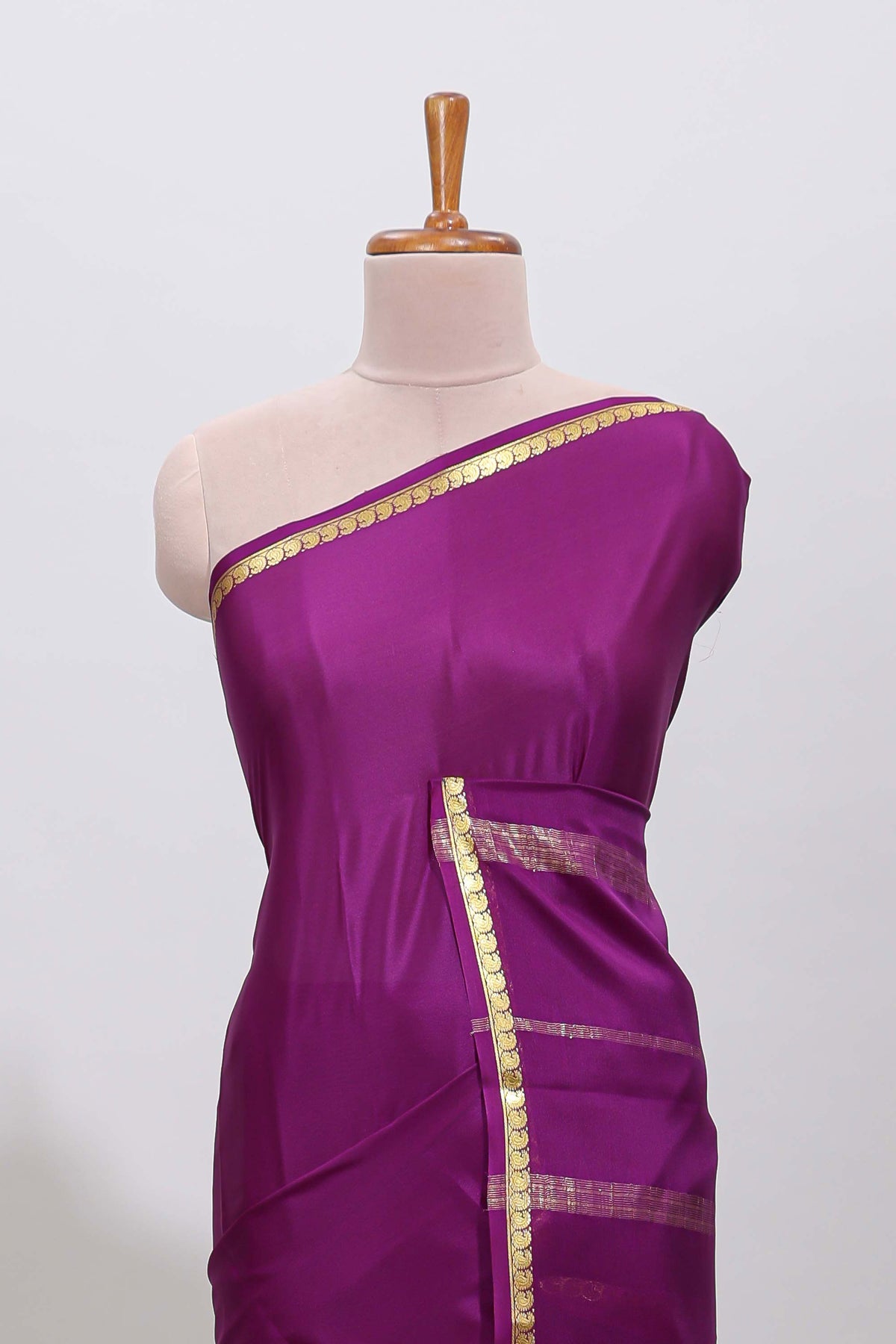 Violet plain pure mysore silk saree with self zari border and matching blouse