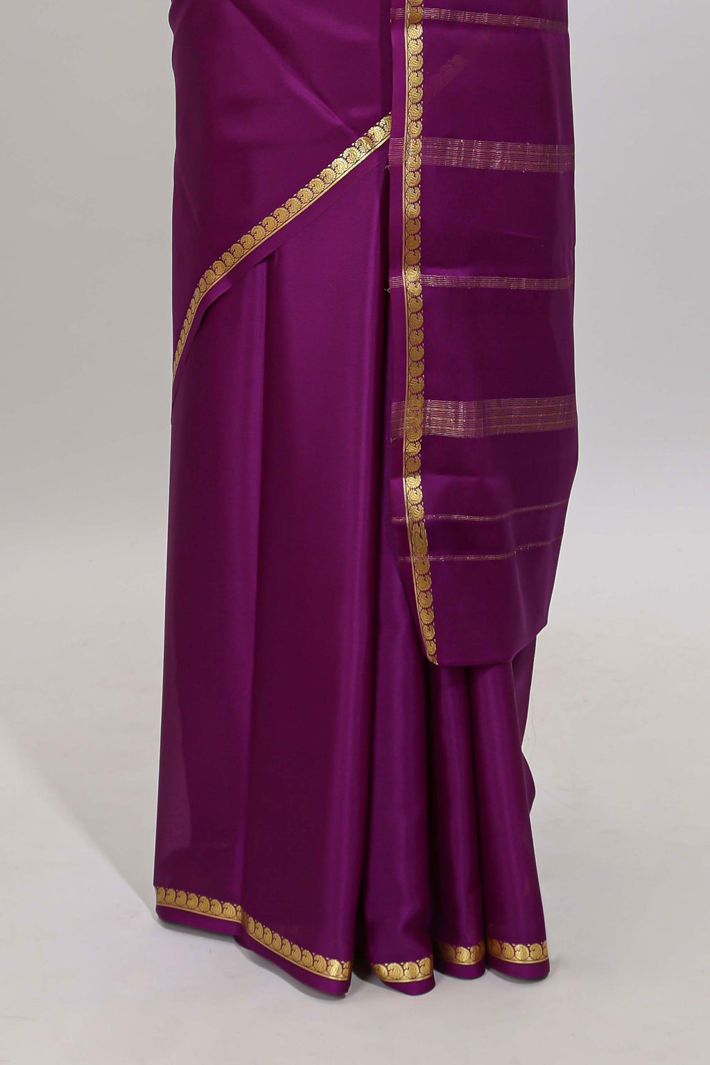 Violet plain pure mysore silk saree with self zari border and matching blouse