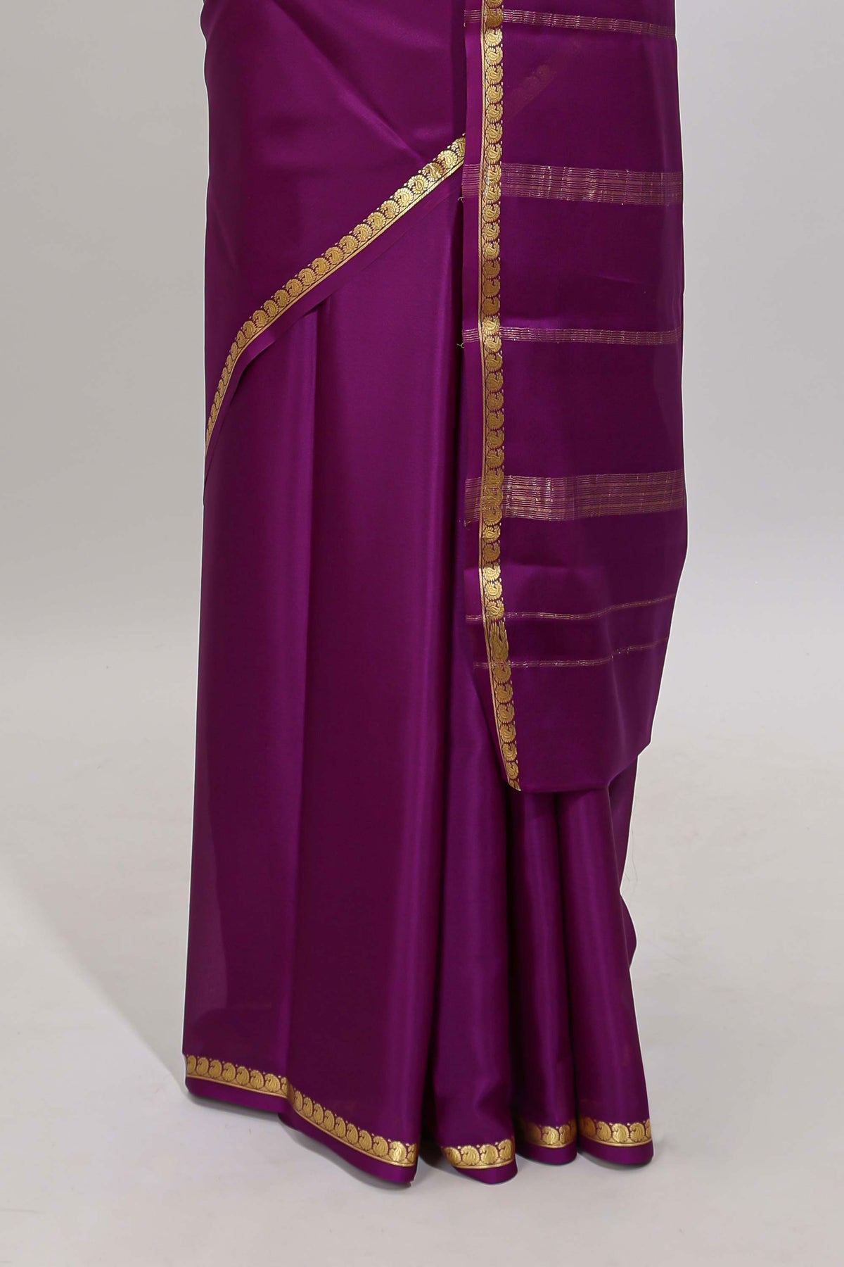 Violet plain pure mysore silk saree with self zari border and matching blouse