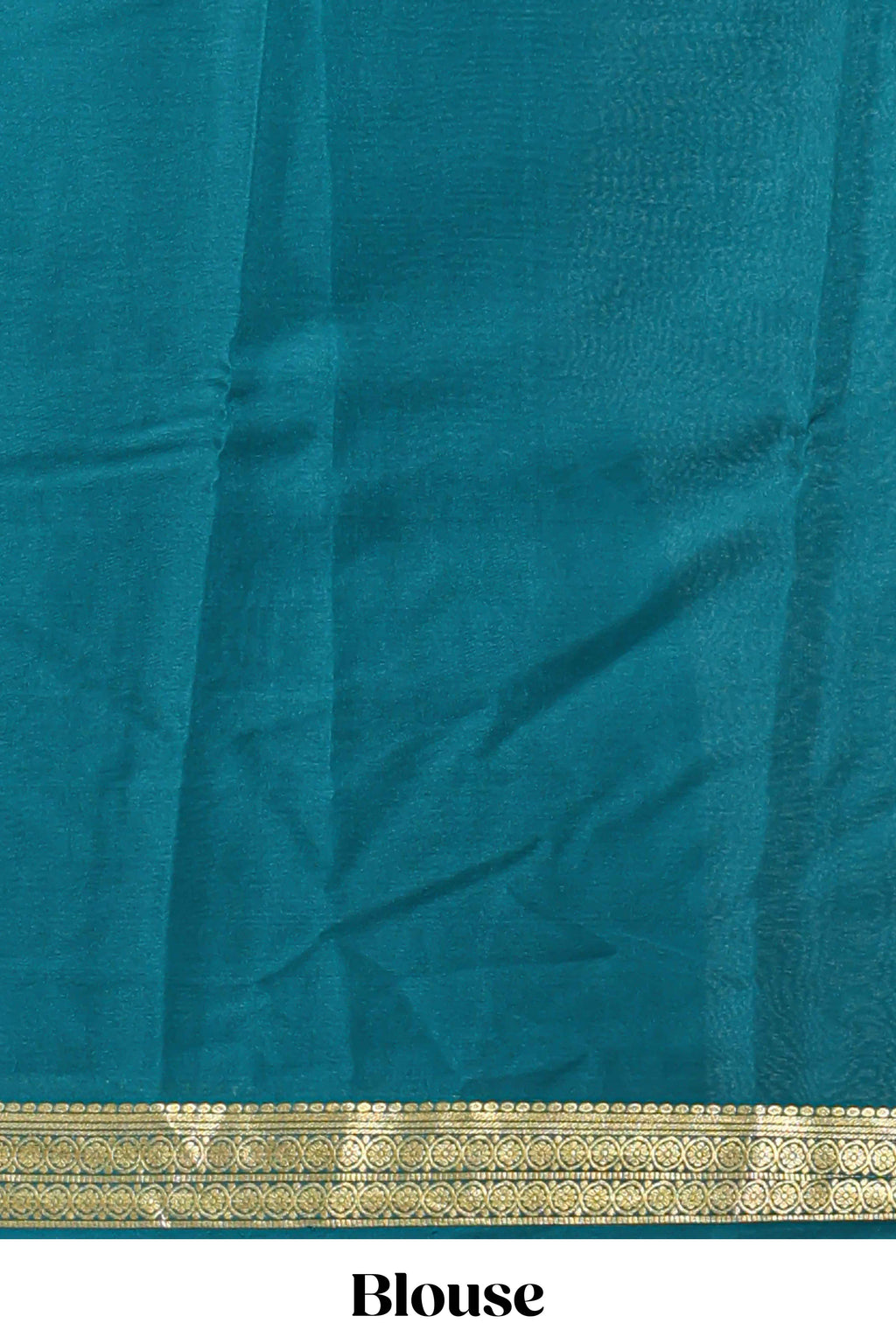 Teal blue plain pure mysore silk saree with self zari border and matching blouse