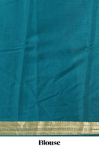 Teal blue plain pure mysore silk saree with self zari border and matching blouse