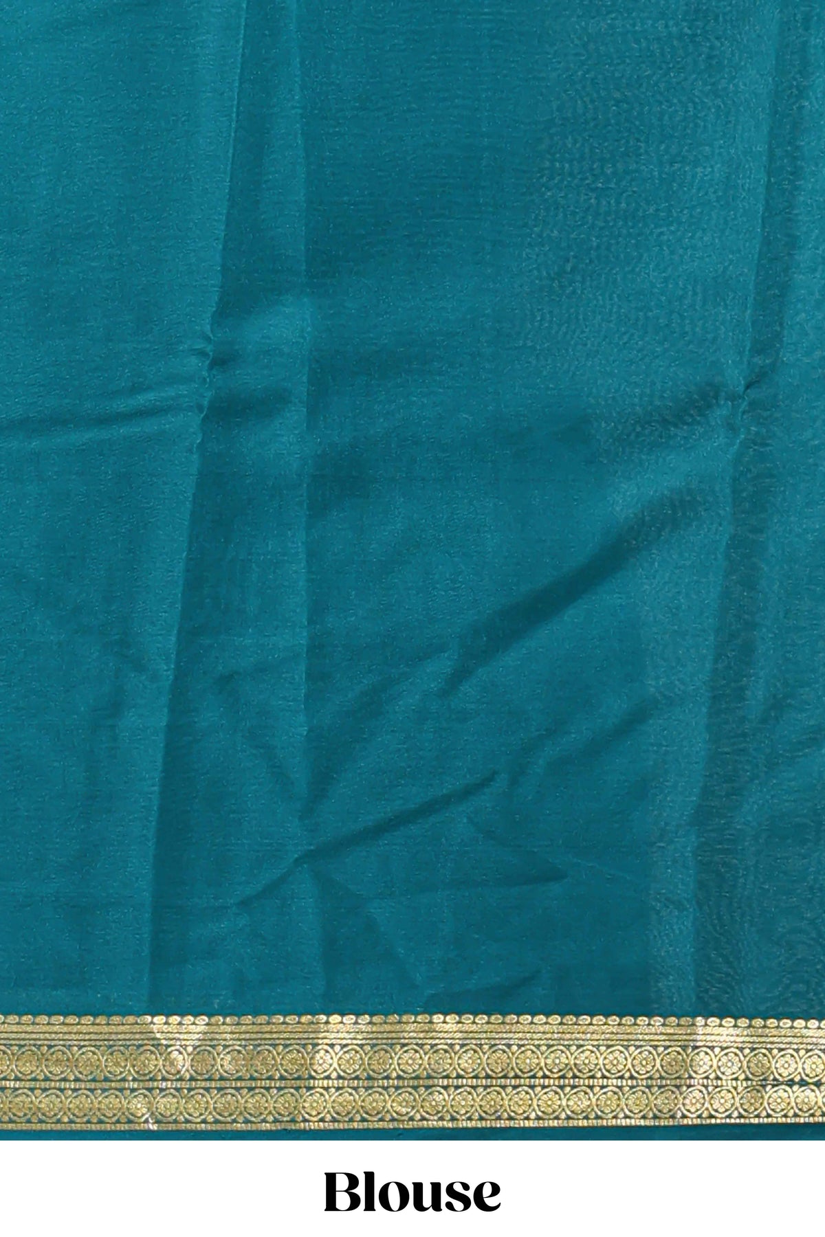 Teal blue plain pure mysore silk saree with self zari border and matching blouse