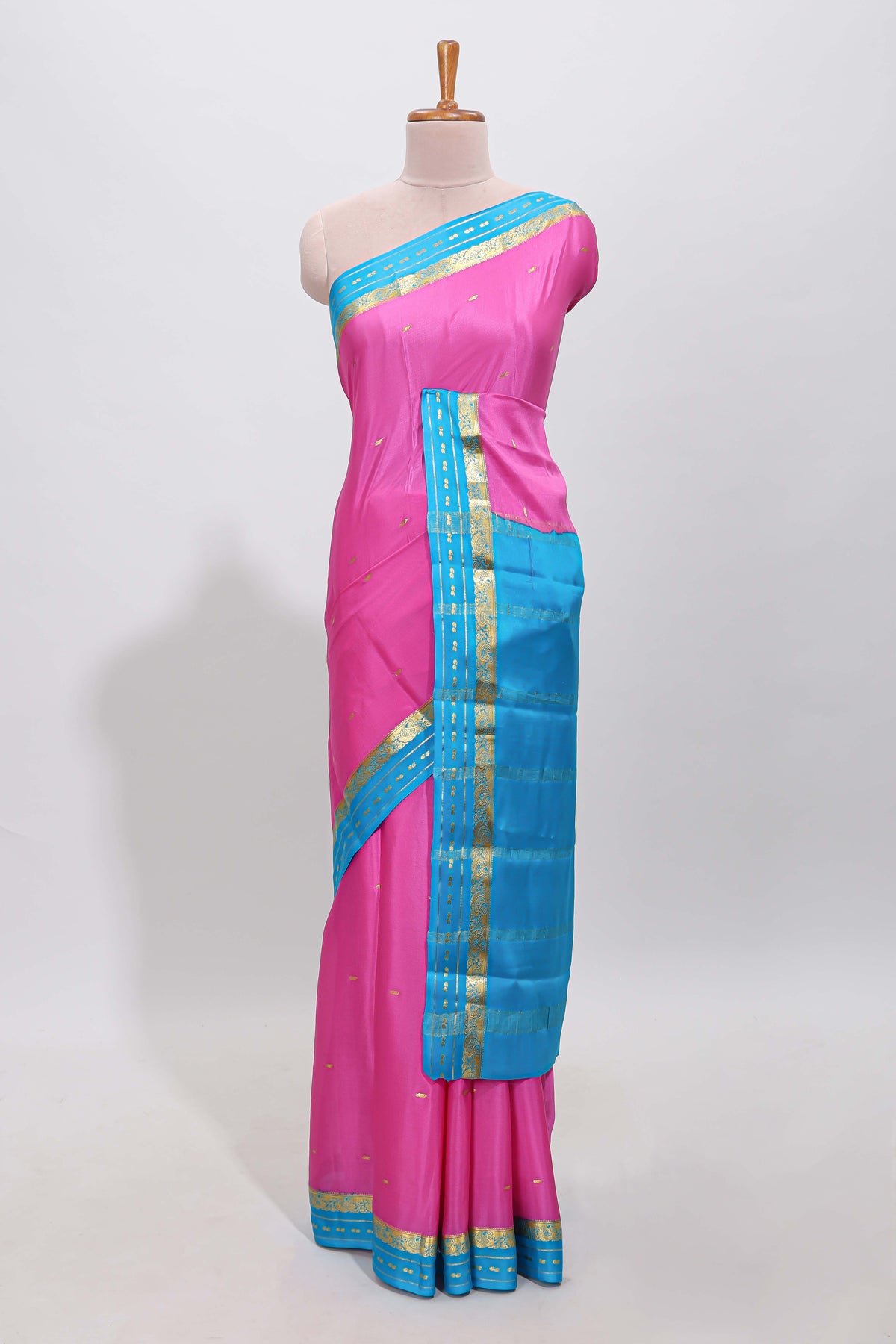 Pink zari butta designed  pure mysore silk saree with contrast border and blouse