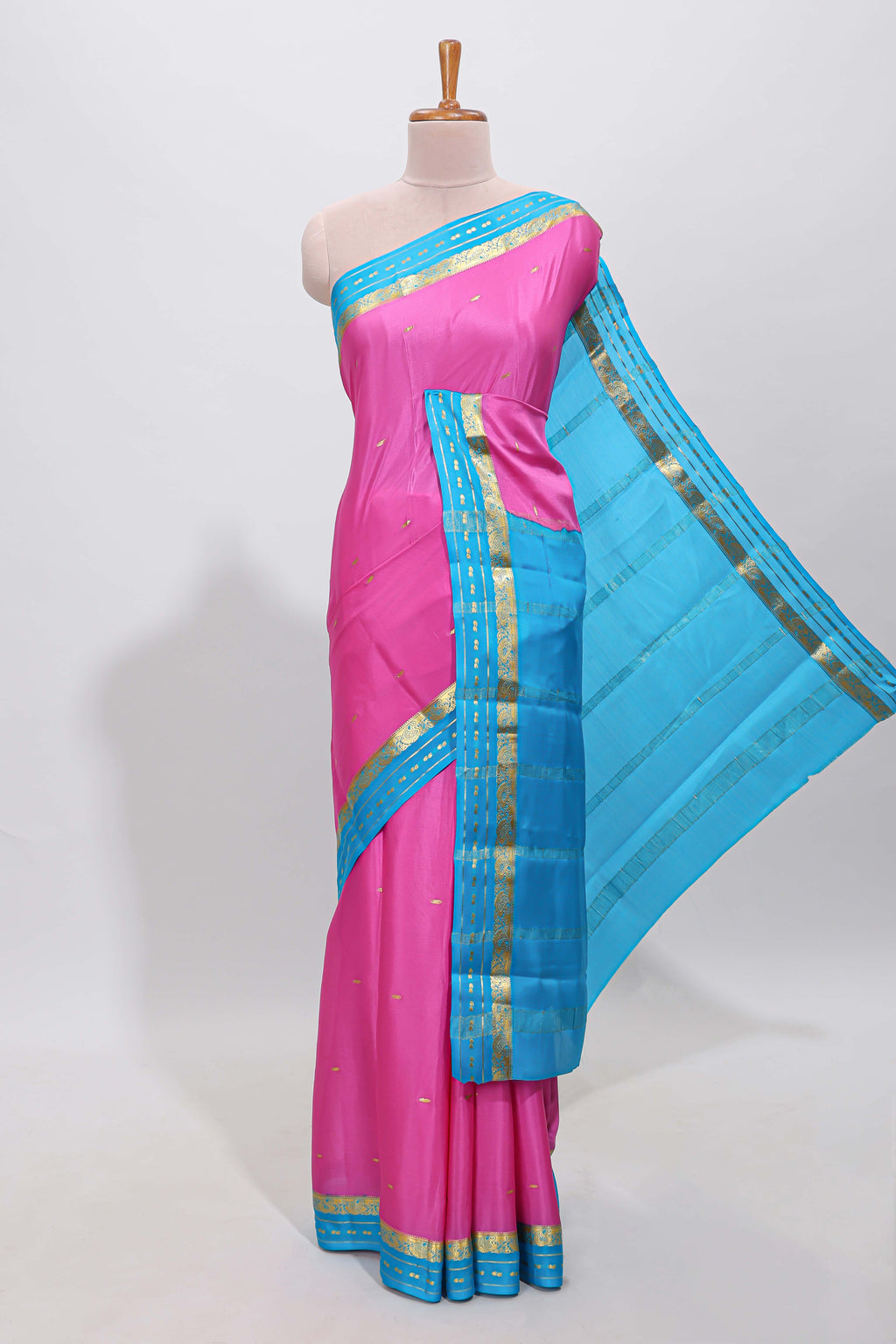Pink zari butta designed  pure mysore silk saree with contrast border and blouse