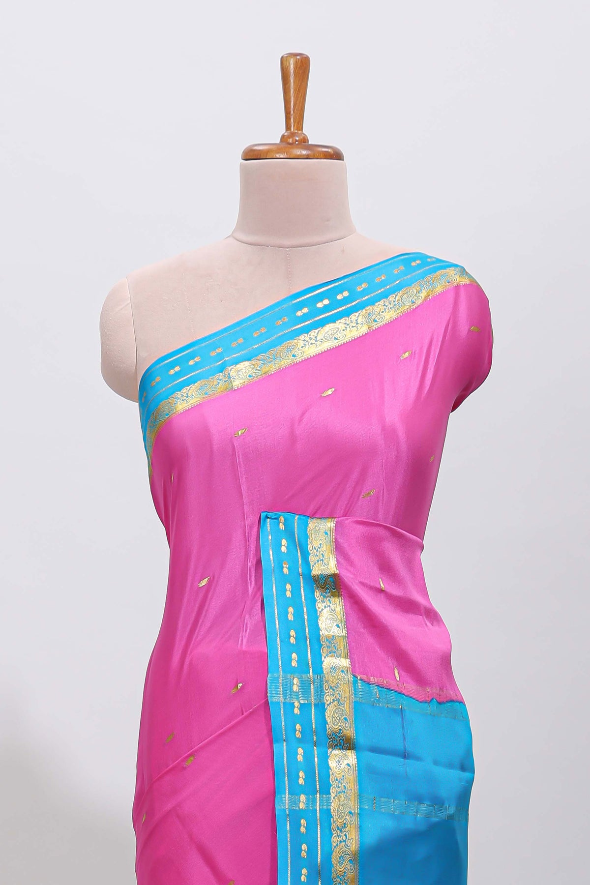Pink zari butta designed  pure mysore silk saree with contrast border and blouse