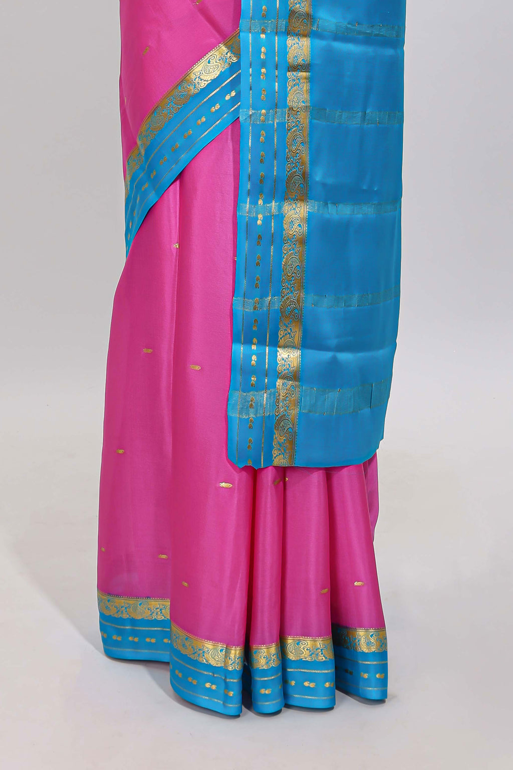Pink zari butta designed  pure mysore silk saree with contrast border and blouse