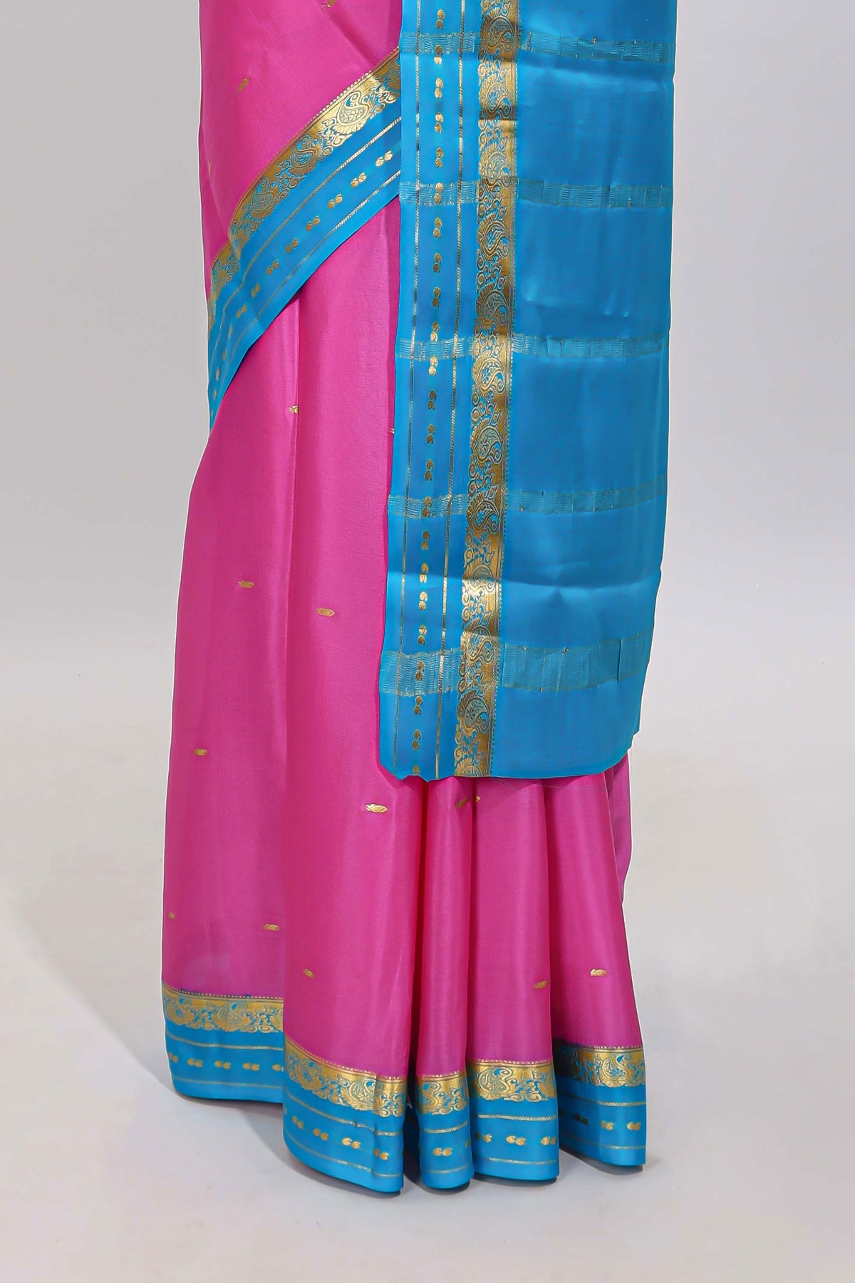 Pink zari butta designed  pure mysore silk saree with contrast border and blouse