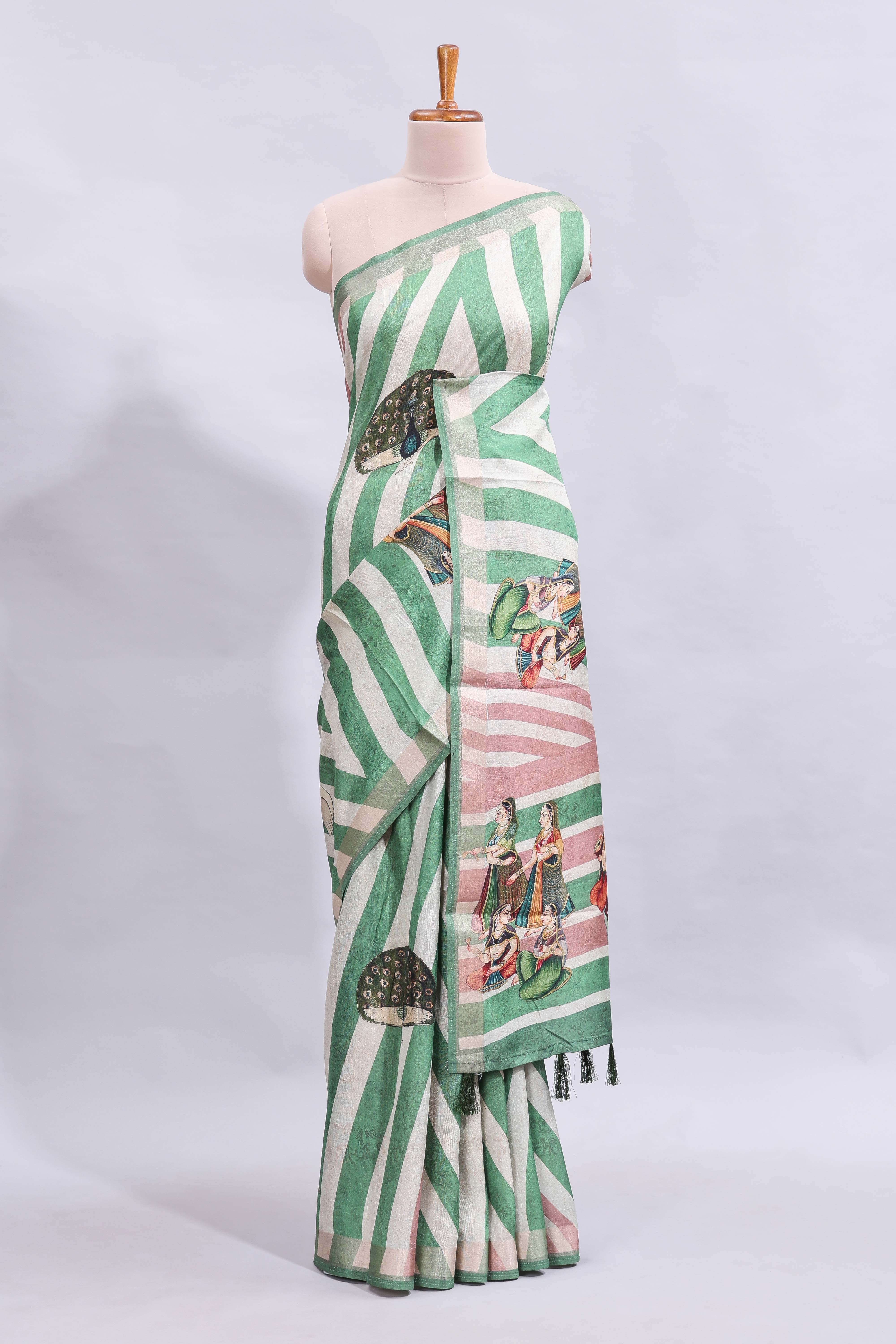 Off white & green striped peacock motifs design and self border and printed blouse