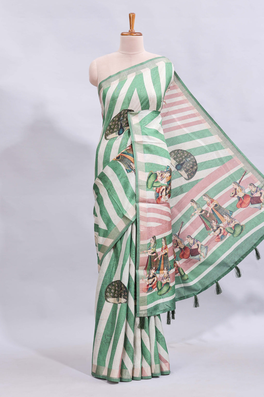 Off white & green striped peacock motifs design and self border and printed blouse