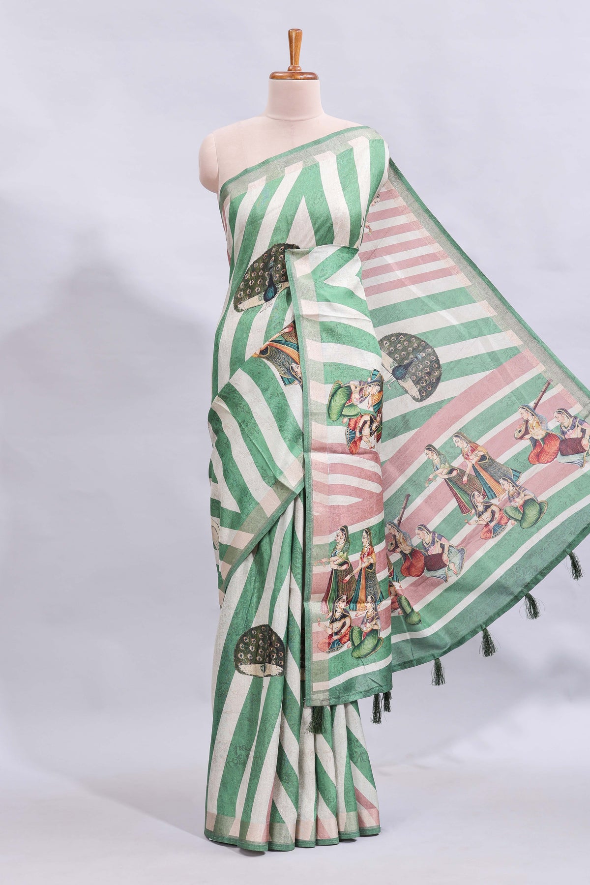 Off white & green striped peacock motifs design and self border and printed blouse