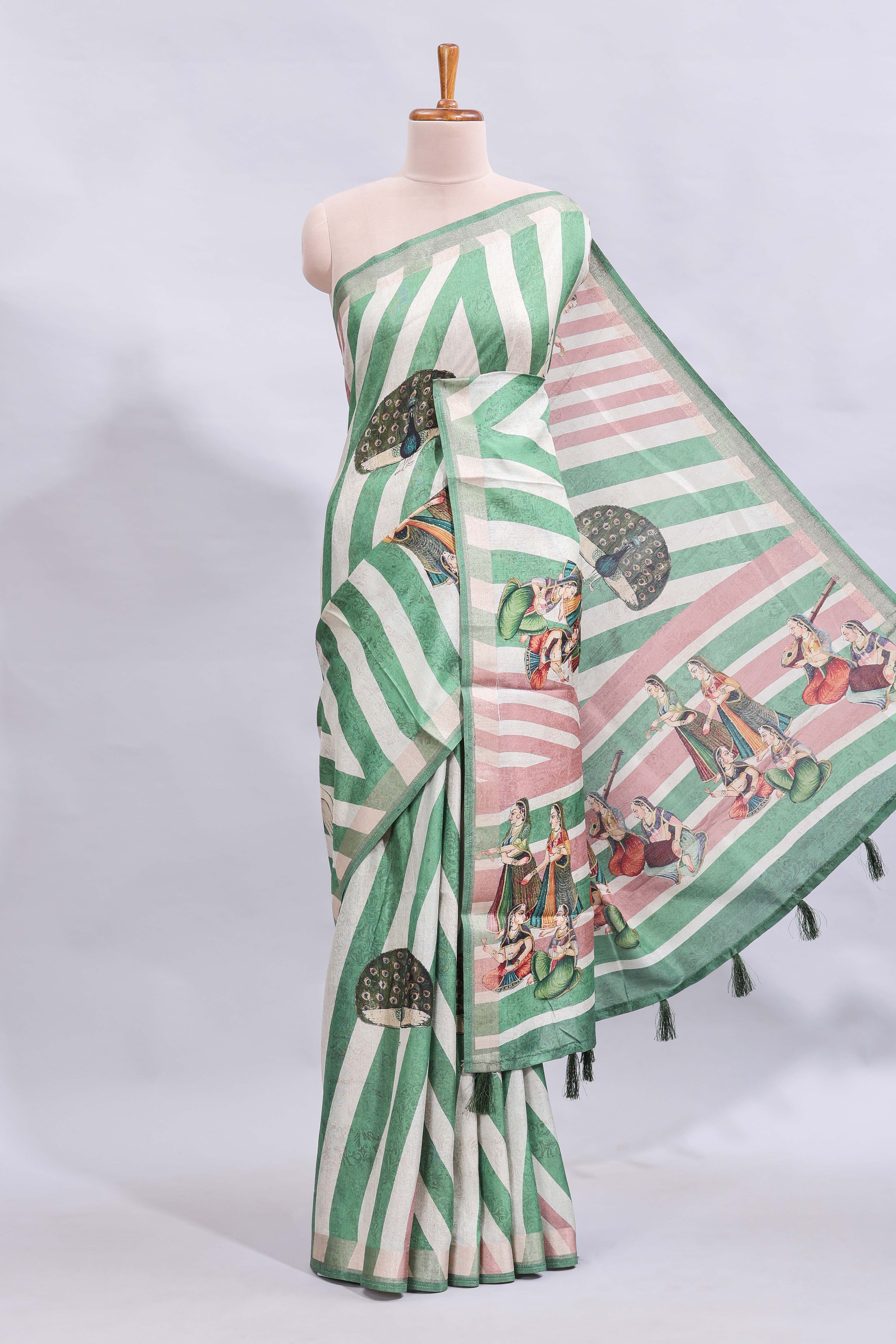 Off white & green striped peacock motifs design and self border and printed blouse