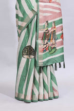 Off white & green striped peacock motifs design and self border and printed blouse