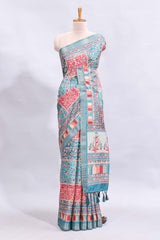 Blue floral design printed saree and self geometric design border and striped blouse