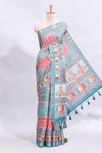 Blue floral design printed saree and self geometric design border and striped blouse