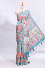 Blue floral design printed saree and self geometric design border and striped blouse
