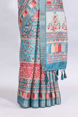 Blue floral design printed saree and self geometric design border and striped blouse