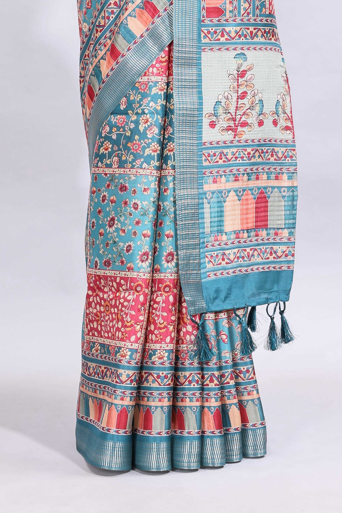 Blue floral design printed saree and self geometric design border and striped blouse