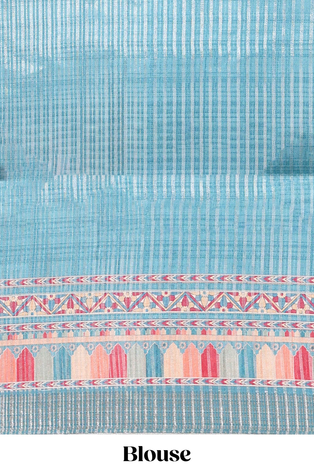 Blue floral design printed saree and self geometric design border and striped blouse